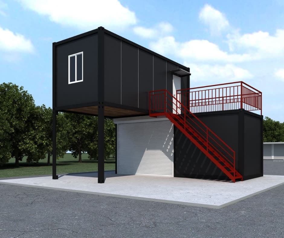 Modulo B&B&B NuragiKart: box al piano terra e camera al primo piano, con scala e ringhiera rosse
