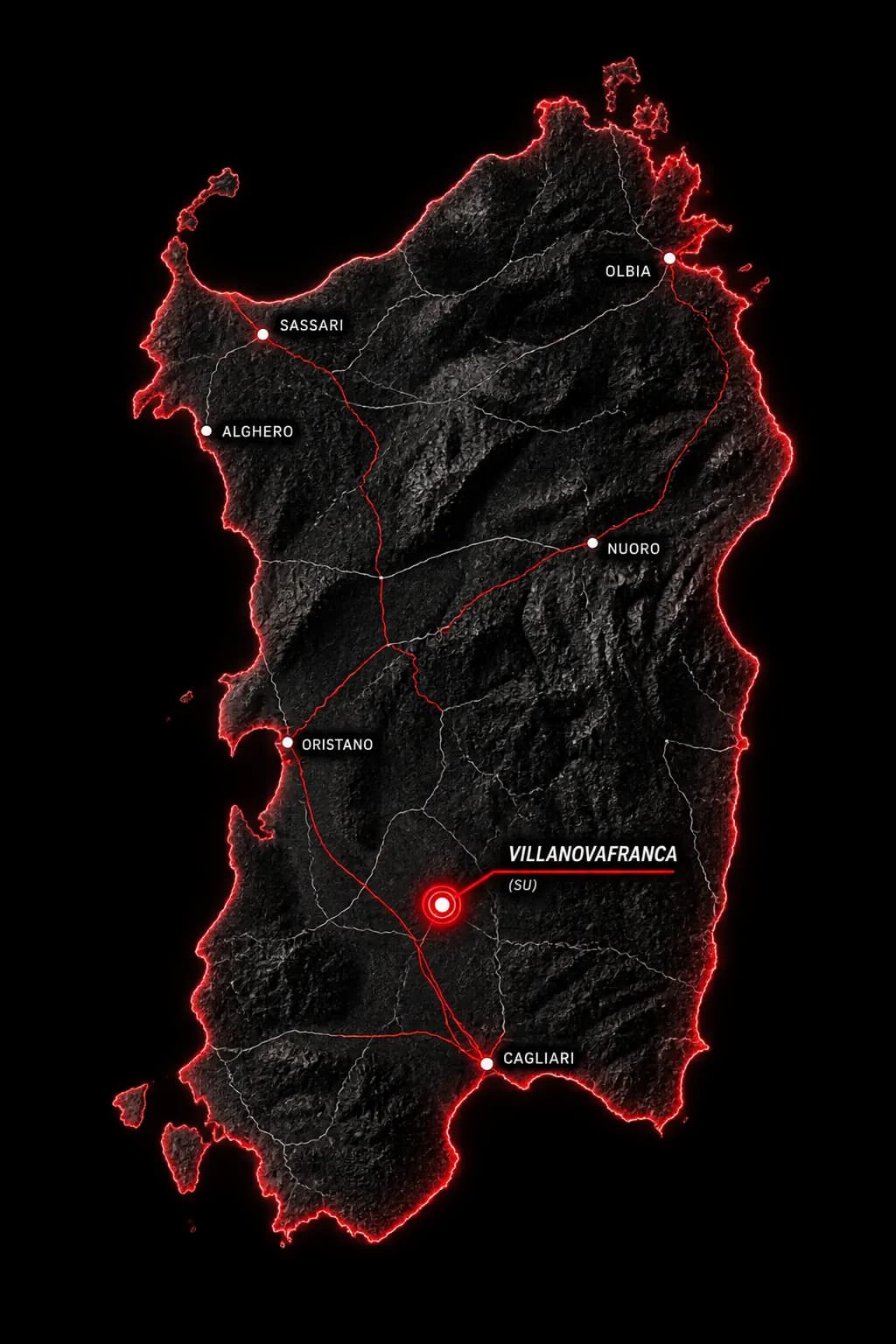 Mappa della Sardegna con il kartodromo segnato a Villanovafranca, provincia del Sud Sardegna, al centro dell'isola fra Oristano e Cagliari